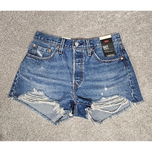 Levi's 501 Premium High Rise Distressed Denim Shorts Medium Wash Blue Women’s 28 - Picture 1 of 11